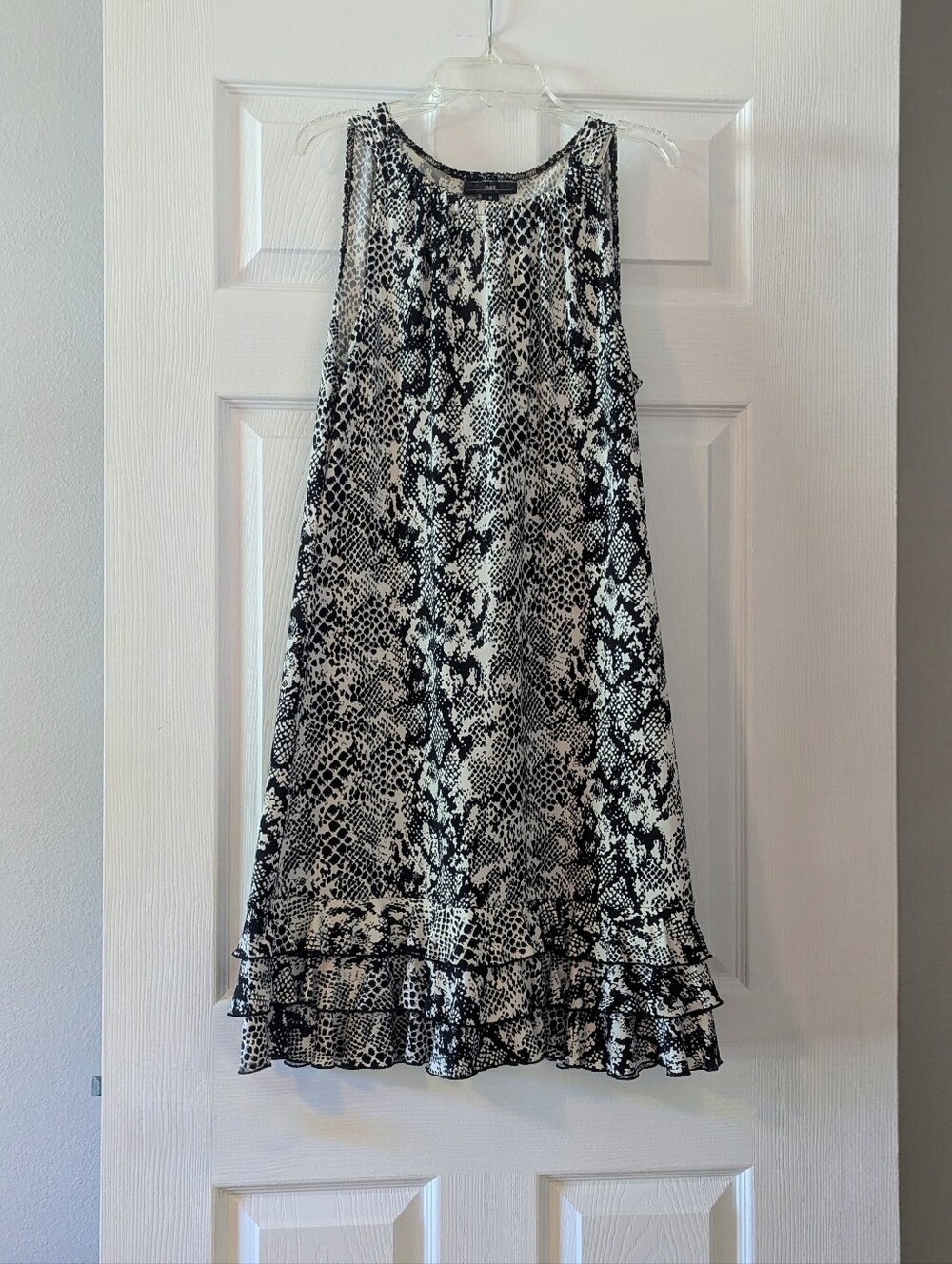 Sleeveless Black and Eggshell Snake Print Ruffled Hem Dress